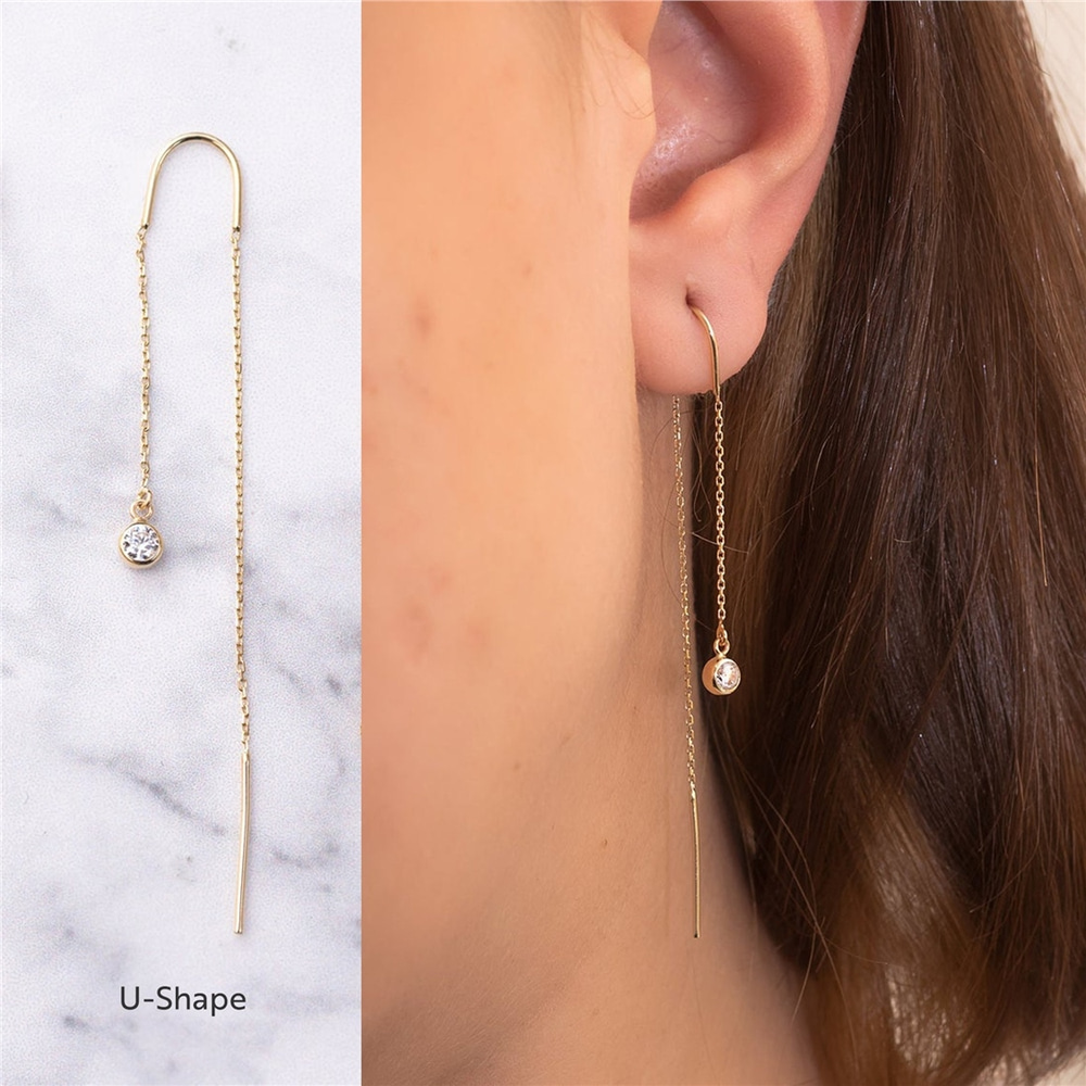 Goldstore-14k 18k Gold Charm Threader Earrings, Custom Letter Threader Bar Chain Earring, Initial Threader Earring, Long Chain Dangle Threader Earring