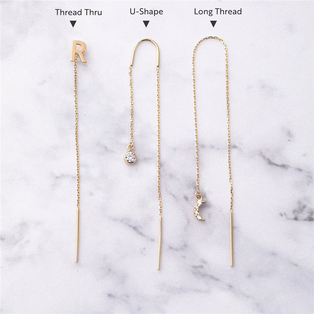 Goldstore-14k 18k Gold Charm Threader Earrings, Custom Letter Threader Bar Chain Earring, Initial Threader Earring, Long Chain Dangle Threader Earring