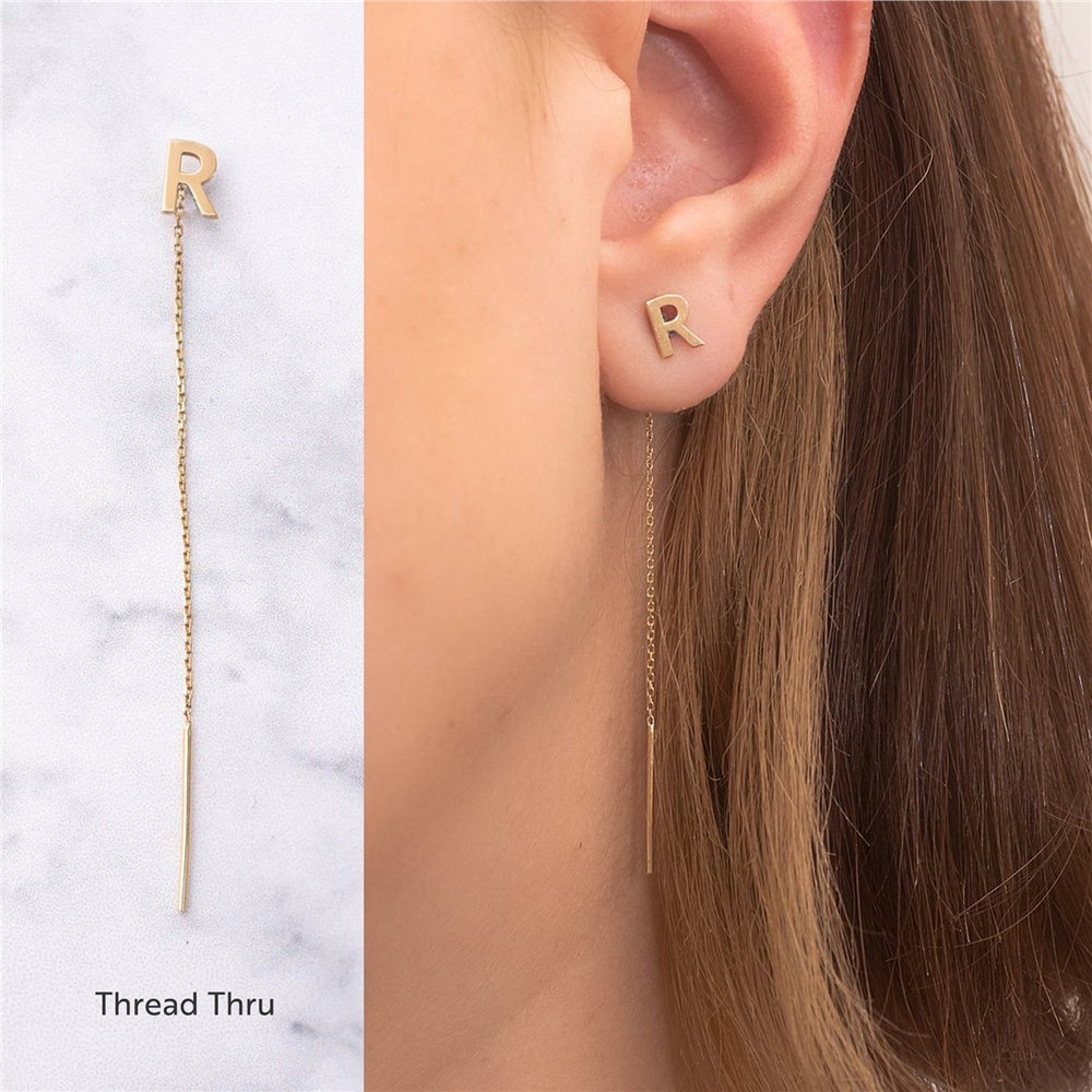 Goldstore-14k 18k Gold Charm Threader Earrings, Custom Letter Threader Bar Chain Earring, Initial Threader Earring, Long Chain Dangle Threader Earring
