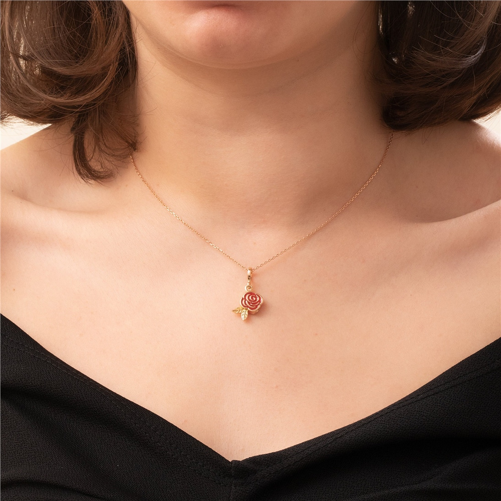 Goldstore-14k 18k Gold Cremation Custom Urn Rose Pendant, Memorial Nature Lover Enamel Pendant, Blooming Rose Pendant, Flower Ashes Pendant for Her