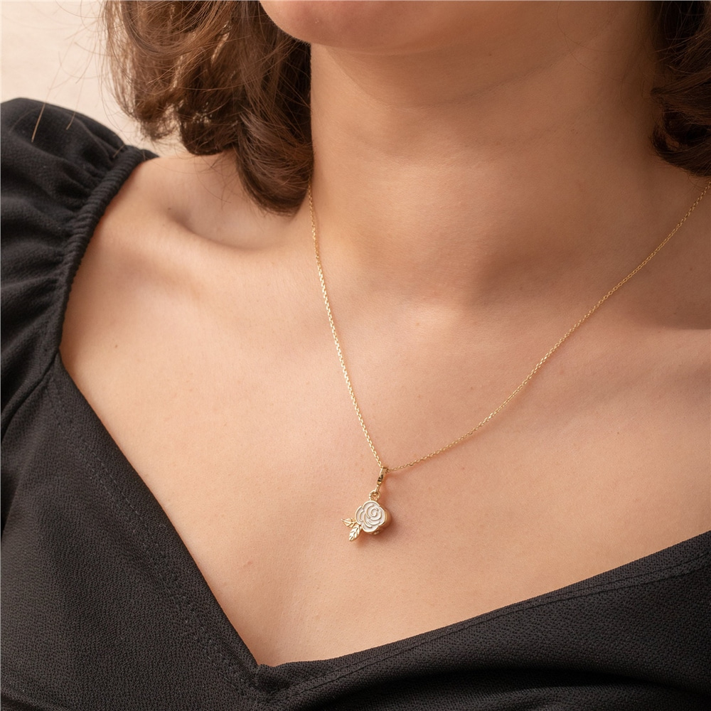 Goldstore-14k 18k Gold Cremation Custom Urn Rose Pendant, Memorial Nature Lover Enamel Pendant, Blooming Rose Pendant, Flower Ashes Pendant for Her