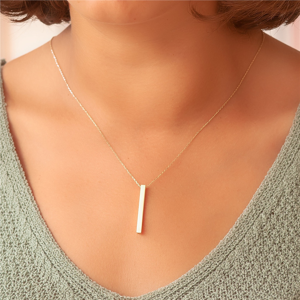 Goldstore-14k 18k Gold Cremation Urn Bar Necklace, Four Side Engraved Memorial Vertical Necklace, Custom Name Date Coordinate Funeral Gold Necklace