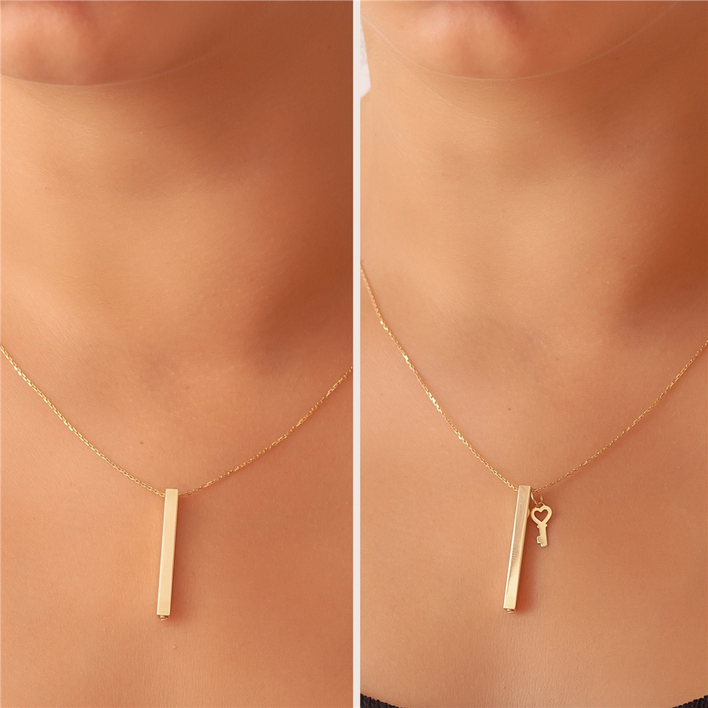 Goldstore-14k 18k Gold Cremation Urn Bar Necklace, Four Side Engraved Memorial Vertical Necklace, Custom Name Date Coordinate Funeral Gold Necklace