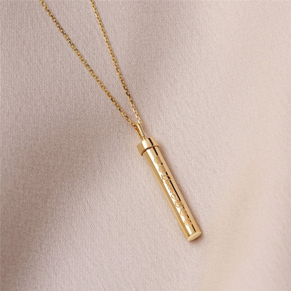 Goldstore-14k 18k Gold Cremation Urn Cylinder Bar Necklace, Memorial Bar Urn Custom Pendant, Cremation Ashes Necklace for Son Dad Mom or Loved ones.
