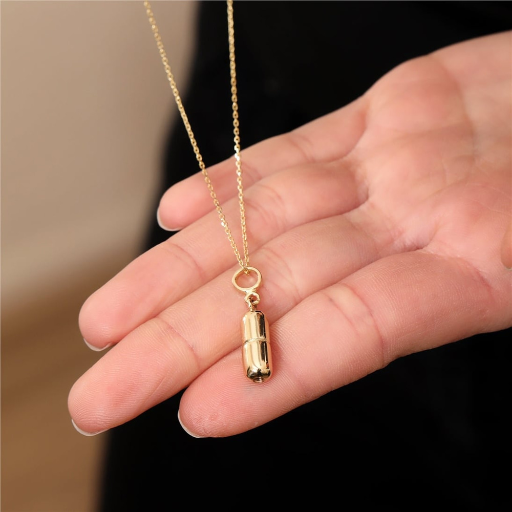 Goldstore-14k 18k Gold Cremation Urn Pill Shape Necklace, Memorial Cylinder Urn Pendant, Keepsake Capsule Urn, Cremation Ashes Necklace for Loved ones