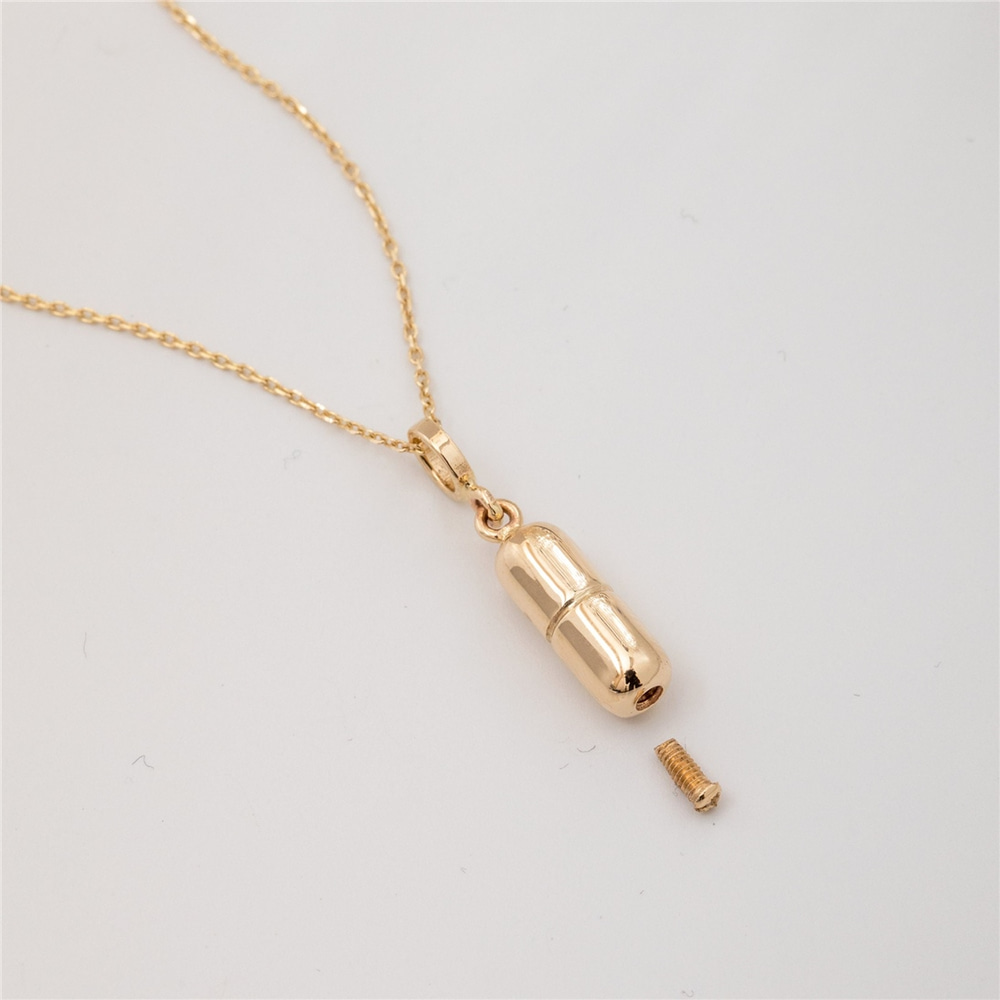 Goldstore-14k 18k Gold Cremation Urn Pill Shape Necklace, Memorial Cylinder Urn Pendant, Keepsake Capsule Urn, Cremation Ashes Necklace for Loved ones