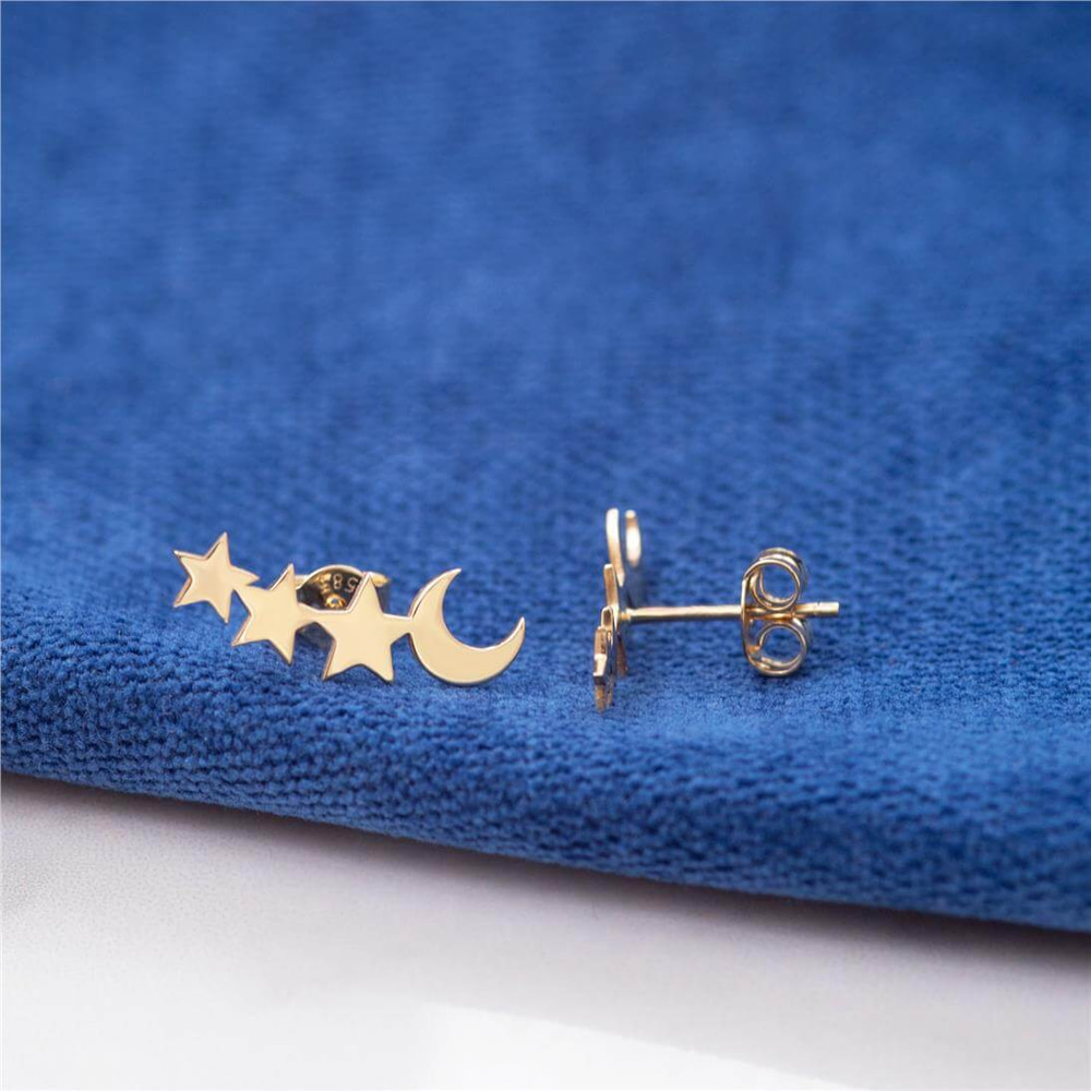 Goldstore-14k 18k Gold Crescent Moon and Star Gold Earrings, Elegant Solid Gold Moon Stars earring is a Great Gift For Her. Moon and 3 Stars earrings