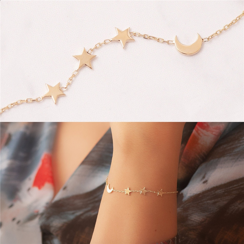 Goldstore-14k 18k Gold Crescent Moon and Star Gold Bracelet, Elegant Solid Gold Moon Star Bracelet is a Great Gift For Her. Moon and 3 Star Bracelet.