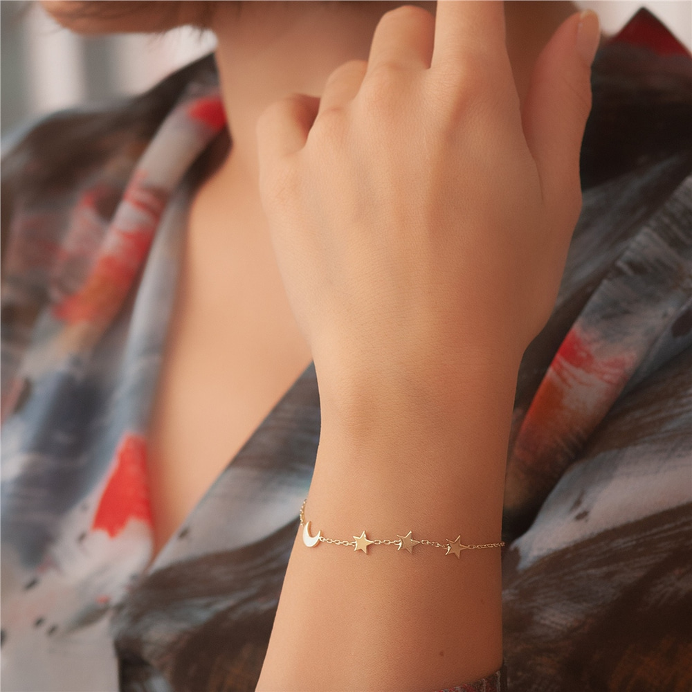 Goldstore-14k 18k Gold Crescent Moon and Star Gold Bracelet, Elegant Solid Gold Moon Star Bracelet is a Great Gift For Her. Moon and 3 Star Bracelet.