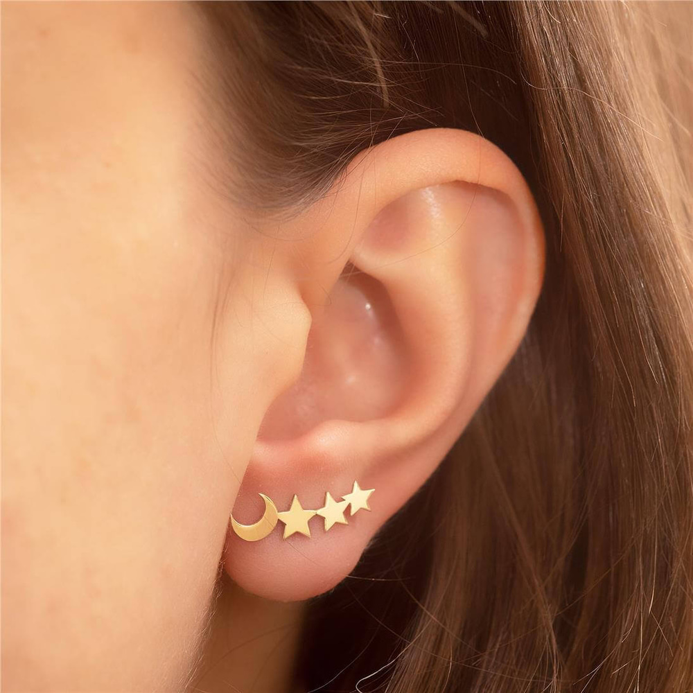 Goldstore-14k 18k Gold Crescent Moon and Star Gold Earrings, Elegant Solid Gold Moon Stars earring is a Great Gift For Her. Moon and 3 Stars earrings