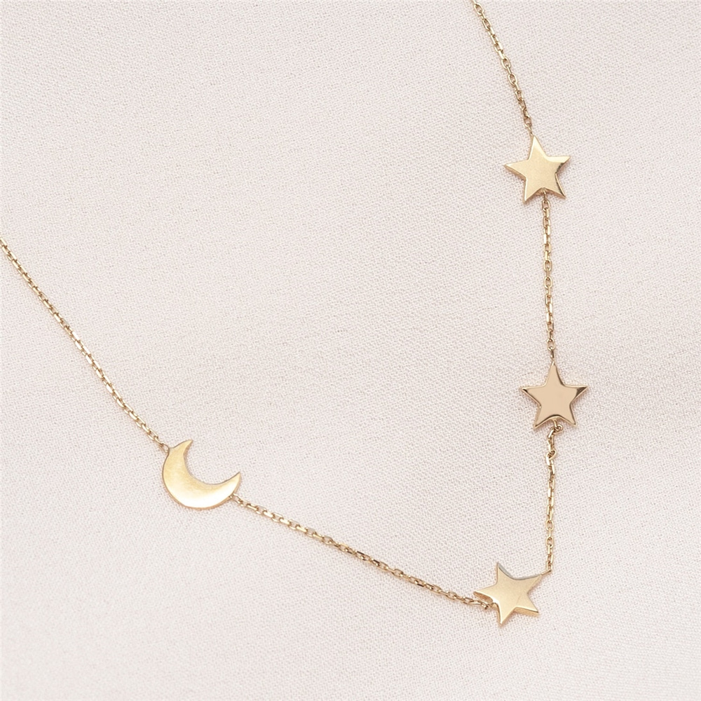 Goldstore-14k 18k Gold Crescent Moon and Star Gold Necklace, Elegant Solid Gold Moon Star Necklace is a Great Gift For Her. Moon and 3 Star Necklace