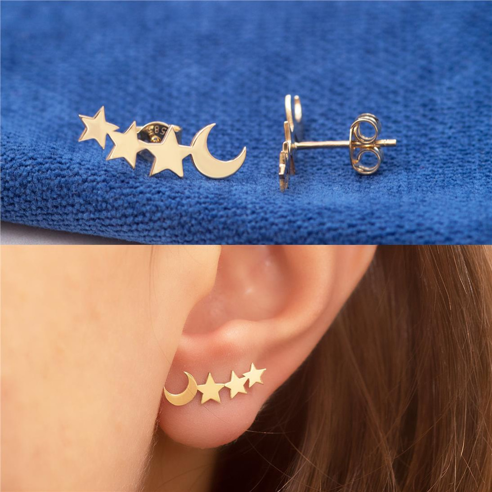 Goldstore-14k 18k Gold Crescent Moon and Star Gold Earrings, Elegant Solid Gold Moon Stars earring is a Great Gift For Her. Moon and 3 Stars earrings