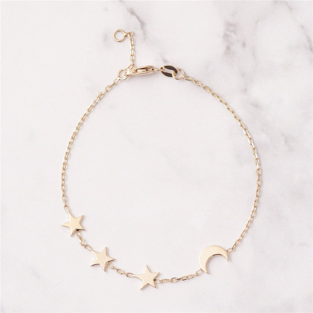 Goldstore-14k 18k Gold Crescent Moon and Star Gold Bracelet, Elegant Solid Gold Moon Star Bracelet is a Great Gift For Her. Moon and 3 Star Bracelet.