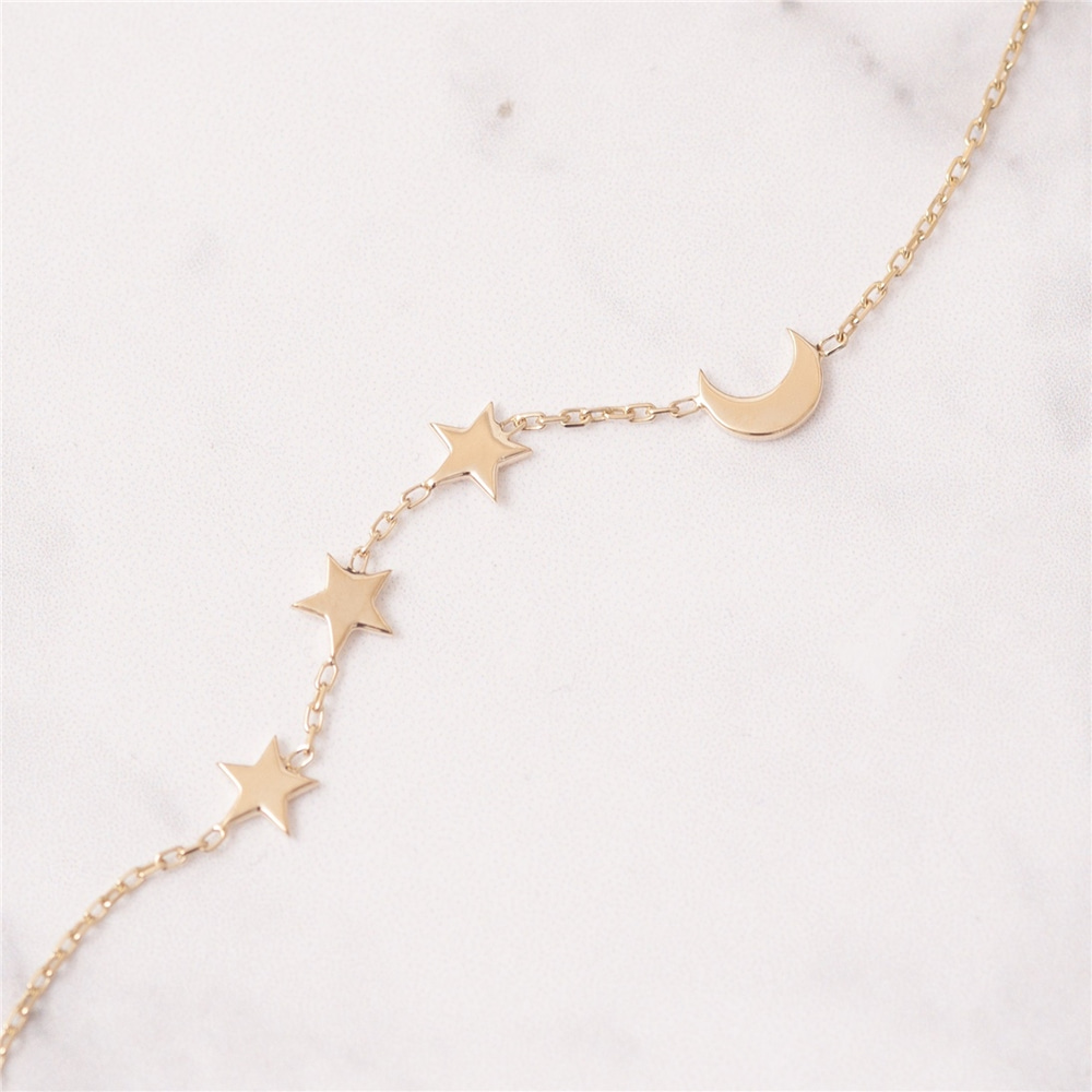 Goldstore-14k 18k Gold Crescent Moon and Star Gold Bracelet, Elegant Solid Gold Moon Star Bracelet is a Great Gift For Her. Moon and 3 Star Bracelet.