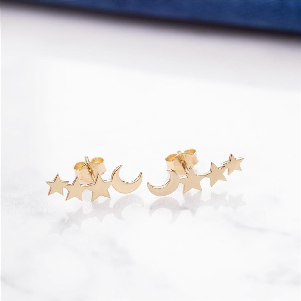 Goldstore-14k 18k Gold Crescent Moon and Star Gold Earrings, Elegant Solid Gold Moon Stars earring is a Great Gift For Her. Moon and 3 Stars earrings