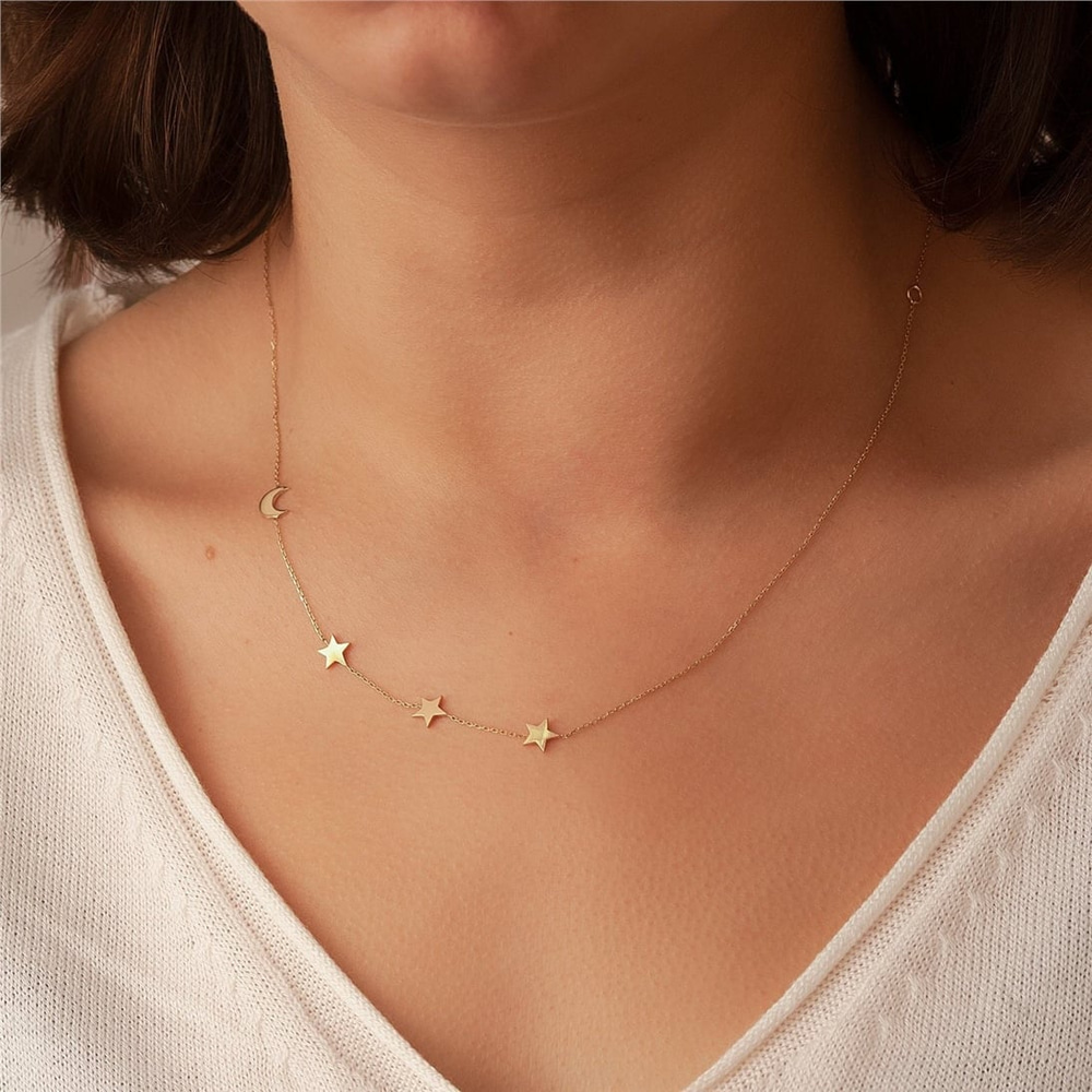 Goldstore-14k 18k Gold Crescent Moon and Star Gold Necklace, Elegant Solid Gold Moon Star Necklace is a Great Gift For Her. Moon and 3 Star Necklace