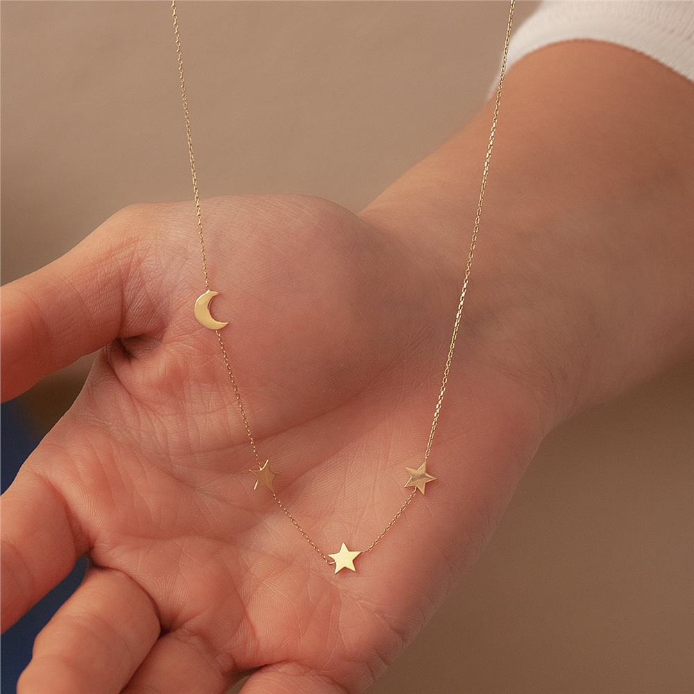 Goldstore-14k 18k Gold Crescent Moon and Star Gold Necklace, Elegant Solid Gold Moon Star Necklace is a Great Gift For Her. Moon and 3 Star Necklace