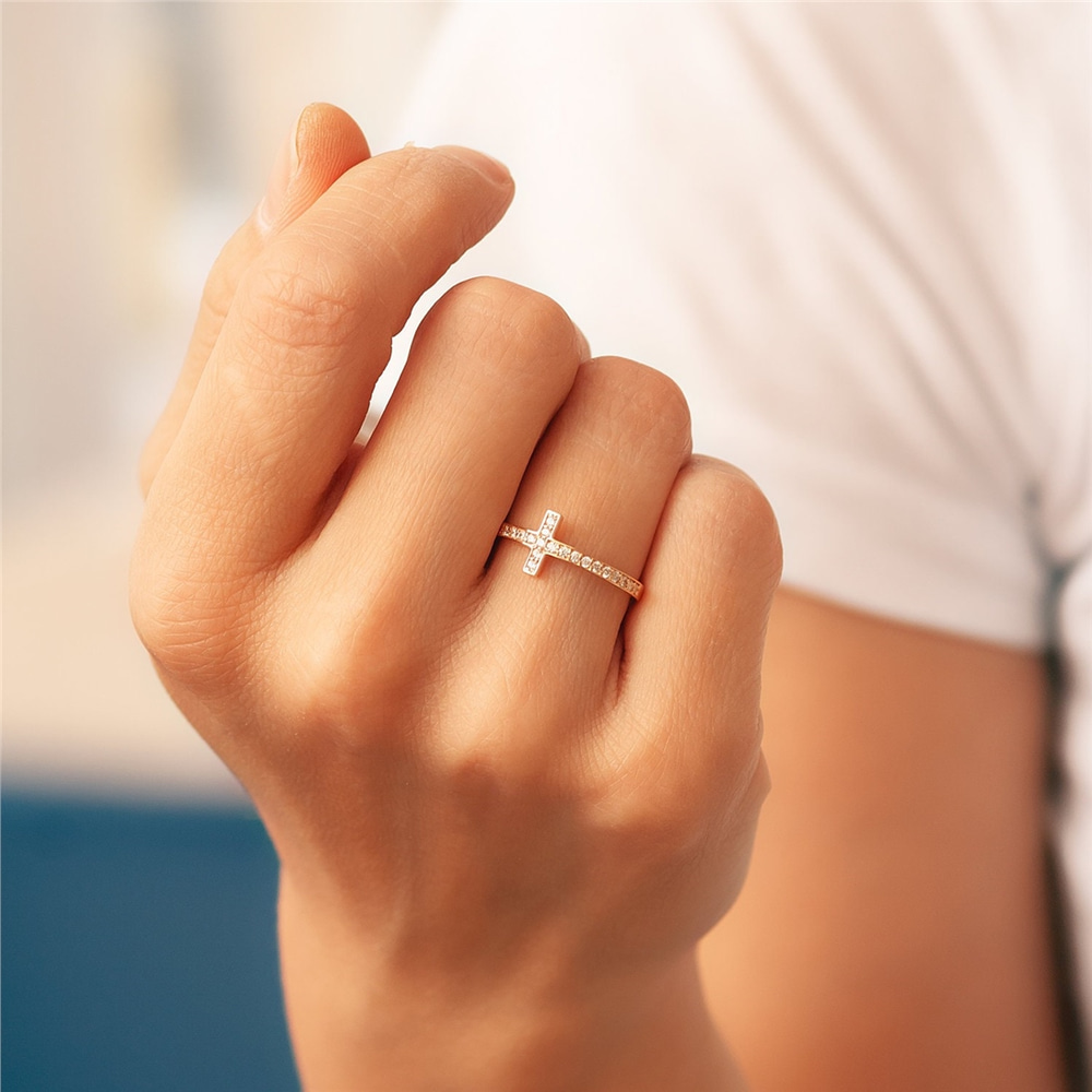 Goldstore-14K 18K Gold Cross Ring, Diamond Sideways Cross Ring is Gift For Mom, Optional CZ or Diamond Cross Ring For Communion Gift