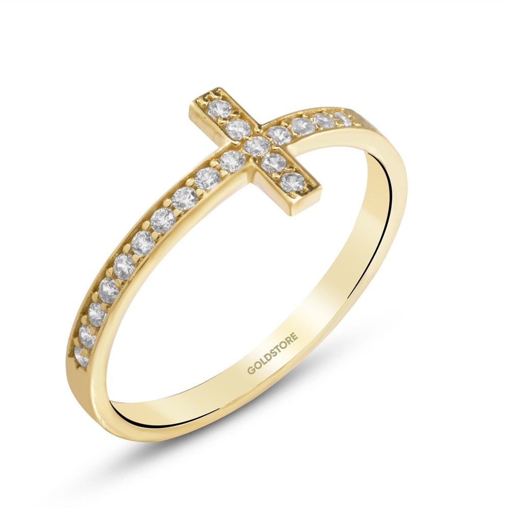 Goldstore-14K 18K Gold Cross Ring, Diamond Sideways Cross Ring is Gift For Mom, Optional CZ or Diamond Cross Ring For Communion Gift