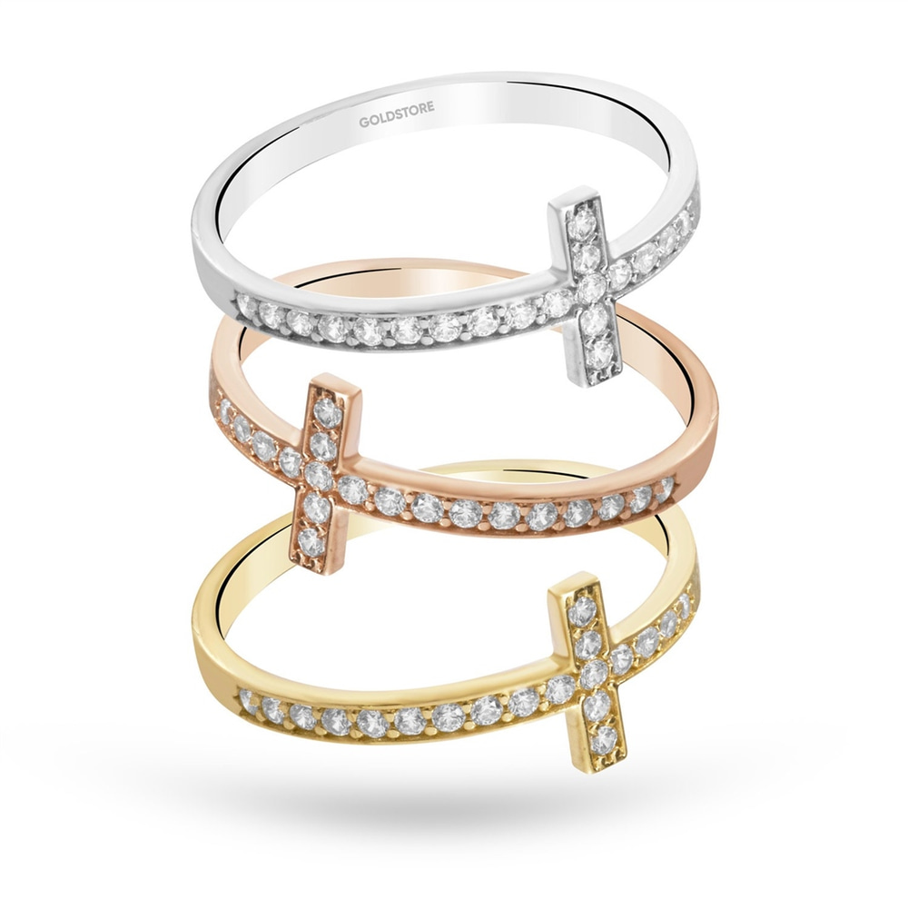 Goldstore-14K 18K Gold Cross Ring, Diamond Sideways Cross Ring is Gift For Mom, Optional CZ or Diamond Cross Ring For Communion Gift