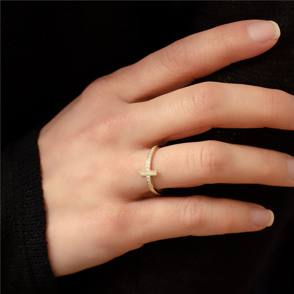 Goldstore-14K 18K Gold Cross Ring, Diamond Sideways Cross Ring is Gift For Mom, Optional CZ or Diamond Cross Ring For Communion Gift