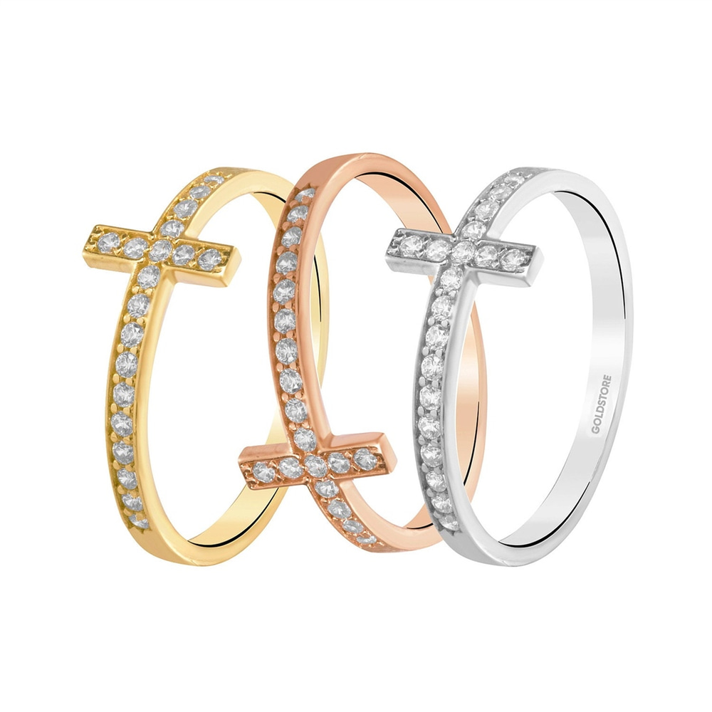 Goldstore-14K 18K Gold Cross Ring, Diamond Sideways Cross Ring is Gift For Mom, Optional CZ or Diamond Cross Ring For Communion Gift