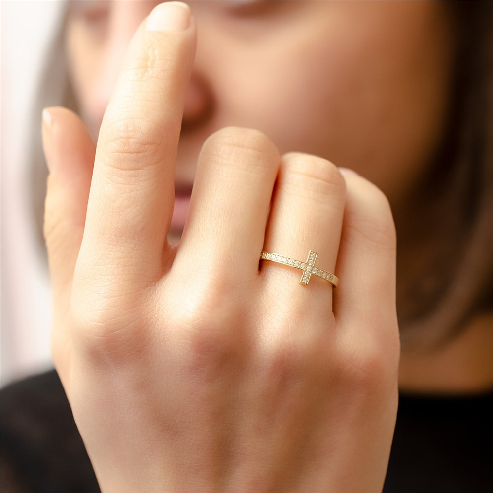 Goldstore-14K 18K Gold Cross Ring, Diamond Sideways Cross Ring is Gift For Mom, Optional CZ or Diamond Cross Ring For Communion Gift