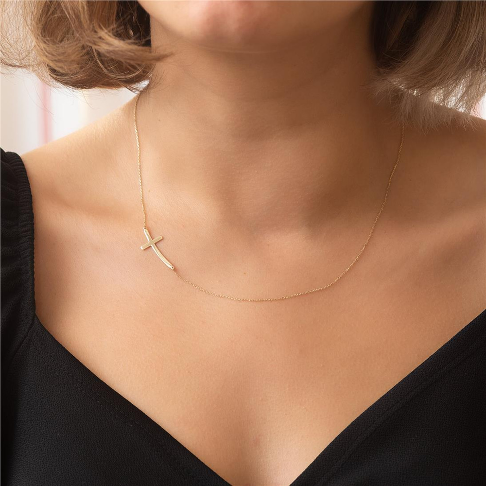 Goldstore-14K 18K Gold Curved Sideways Cross Necklace, Dainty Plain Gold Cross Choker Necklace, Off Center Tiny Cross Necklace For Women Gift for Her