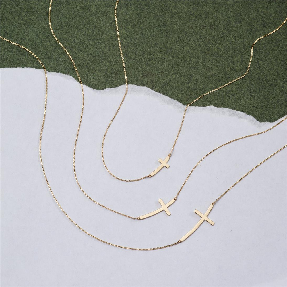 Goldstore-14K 18K Gold Curved Sideways Cross Necklace, Dainty Plain Gold Cross Choker Necklace, Off Center Tiny Cross Necklace For Women Gift for Her