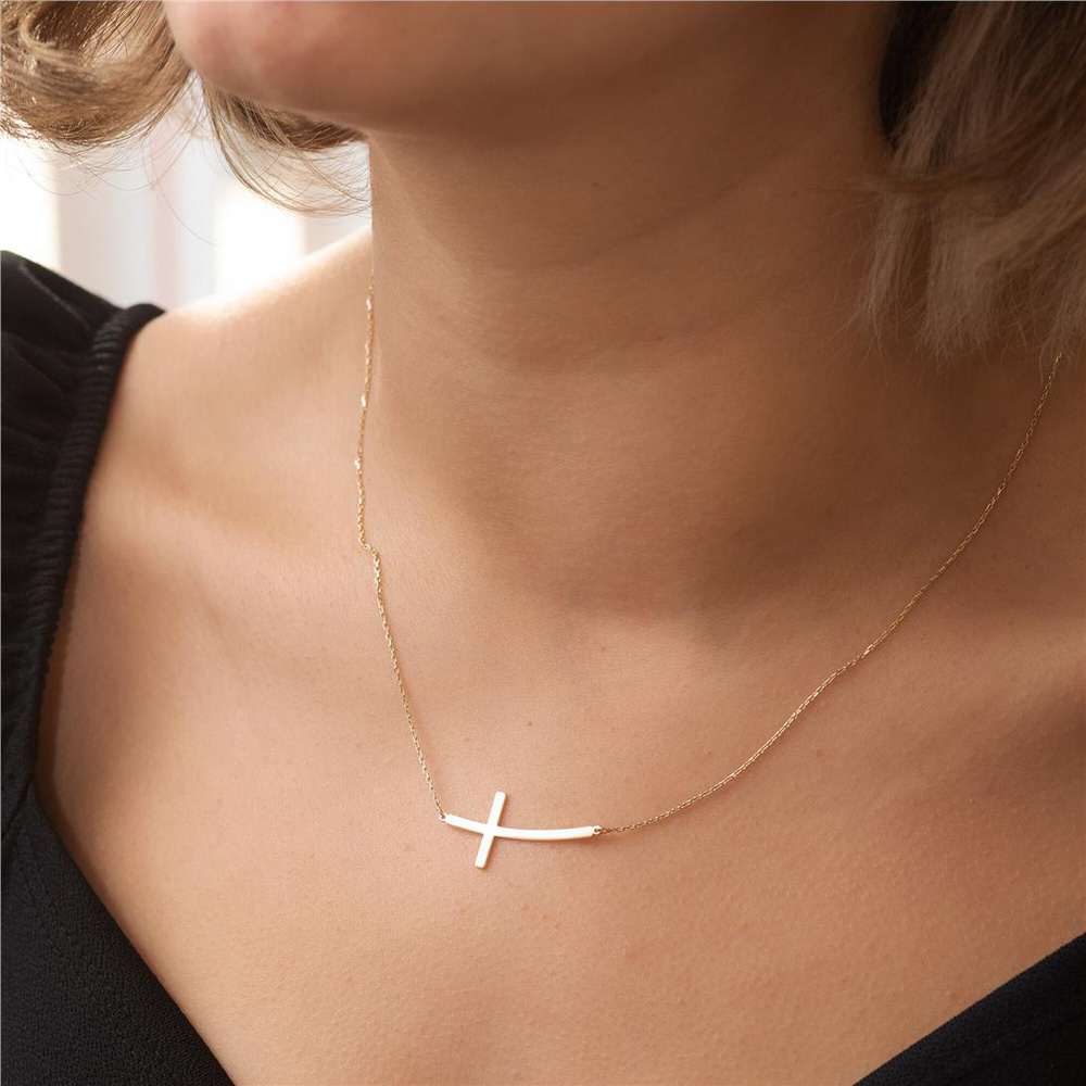 Goldstore-14K 18K Gold Curved Sideways Cross Necklace, Dainty Plain Gold Cross Choker Necklace, Off Center Tiny Cross Necklace For Women Gift for Her