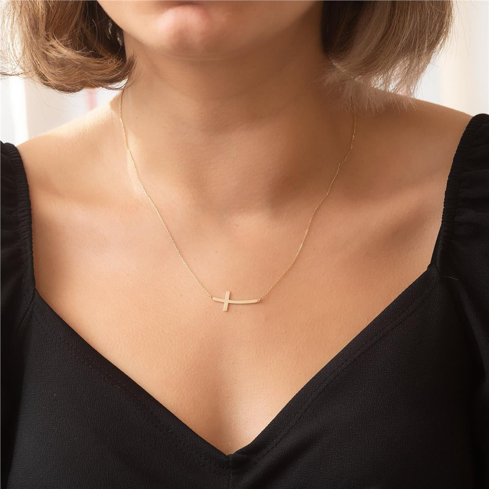 Goldstore-14K 18K Gold Curved Sideways Cross Necklace, Dainty Plain Gold Cross Choker Necklace, Off Center Tiny Cross Necklace For Women Gift for Her