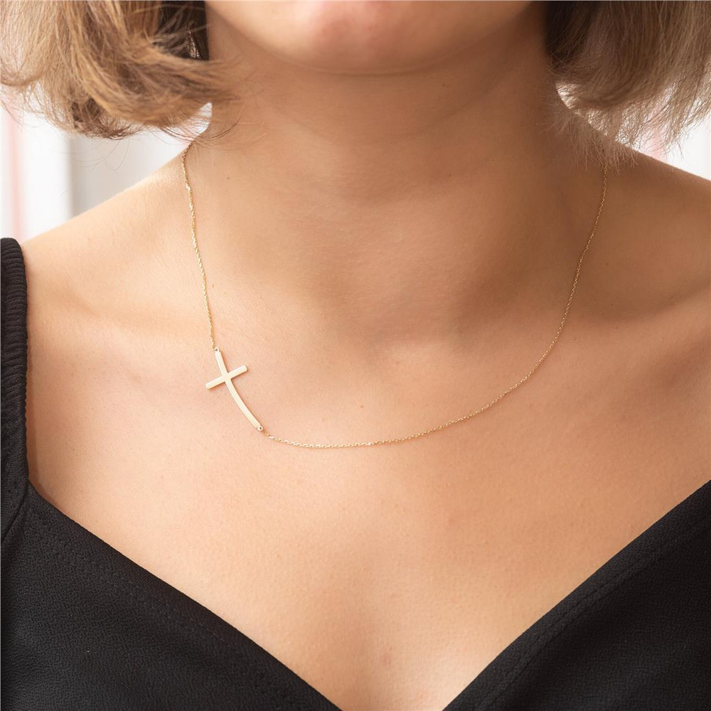 Goldstore-14K 18K Gold Curved Sideways Cross Necklace, Dainty Plain Gold Cross Choker Necklace, Off Center Tiny Cross Necklace For Women Gift for Her