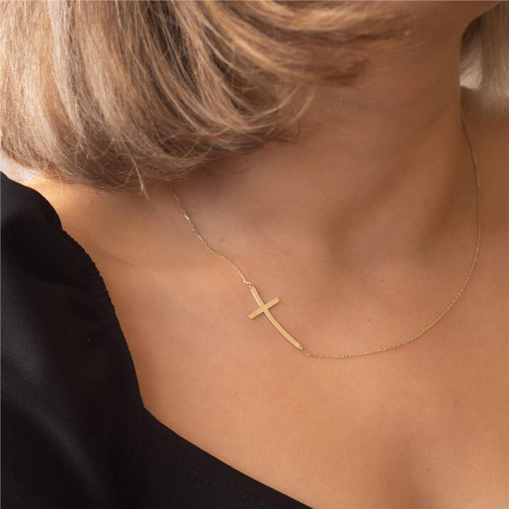 Goldstore-14K 18K Gold Curved Sideways Cross Necklace, Dainty Plain Gold Cross Choker Necklace, Off Center Tiny Cross Necklace For Women Gift for Her