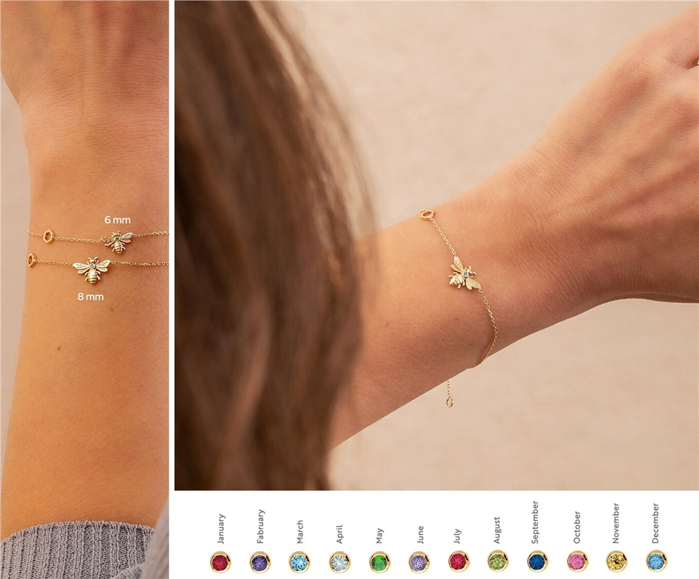 Goldstore-14K 18K Gold Custom Birthstone Bee Honeycomb Bracelet, Dainty Bumblebee Bracelet with Hexagon, Personalized Bee Bracelet, Gift For Her