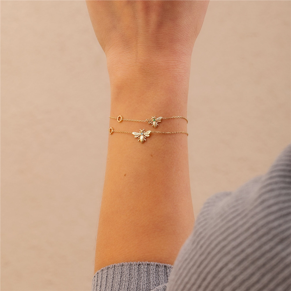 Goldstore-14K 18K Gold Custom Birthstone Bee Honeycomb Bracelet, Dainty Bumblebee Bracelet with Hexagon, Personalized Bee Bracelet, Gift For Her