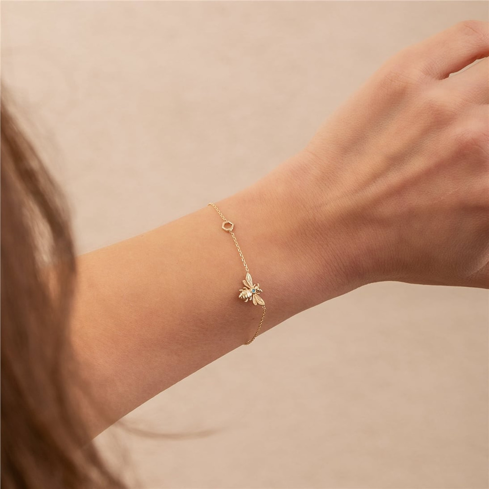 Goldstore-14K 18K Gold Custom Birthstone Bee Honeycomb Bracelet, Dainty Bumblebee Bracelet with Hexagon, Personalized Bee Bracelet, Gift For Her