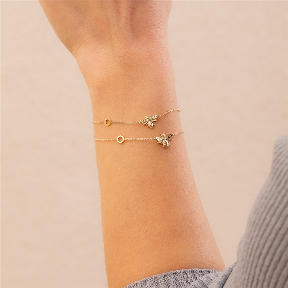 Goldstore-14K 18K Gold Custom Birthstone Bee Honeycomb Bracelet, Dainty Bumblebee Bracelet with Hexagon, Personalized Bee Bracelet, Gift For Her