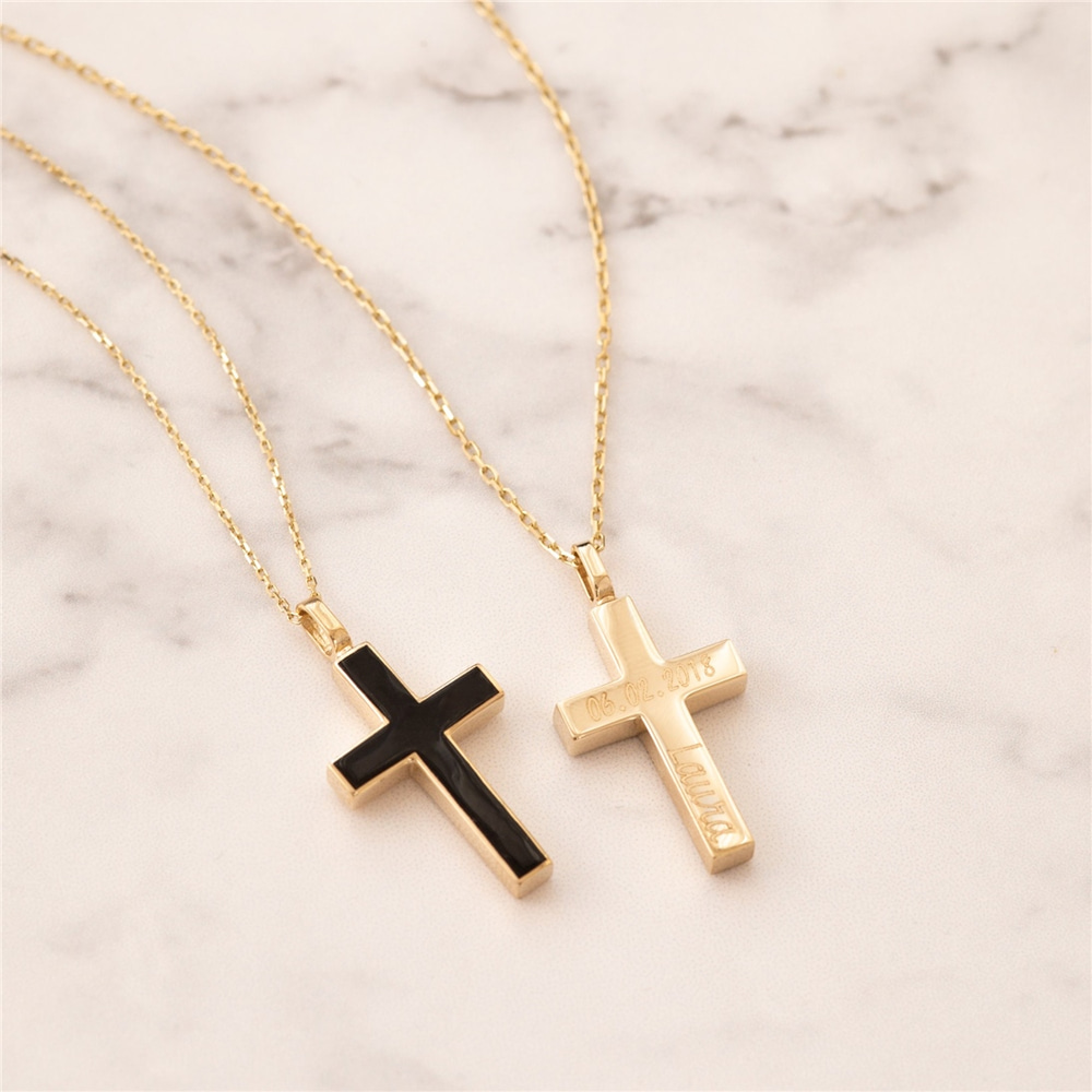 Goldstore-14K 18K Gold Custom Cross Cremation Urn Bar Necklace For Women Or Men, 2 Side Memorial Enamel Cross Necklace , Engrave Name Funeral Necklace