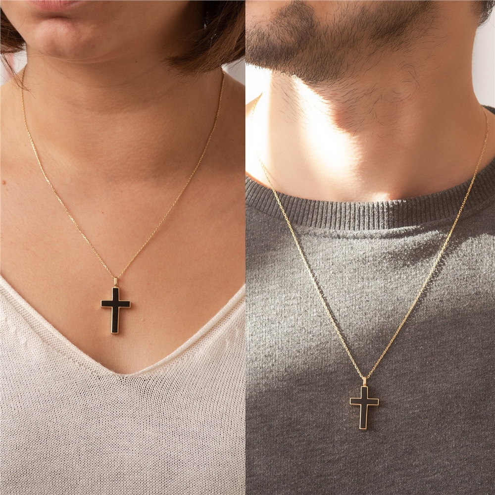 Goldstore-14K 18K Gold Custom Cross Cremation Urn Bar Necklace For Women Or Men, 2 Side Memorial Enamel Cross Necklace , Engrave Name Funeral Necklace