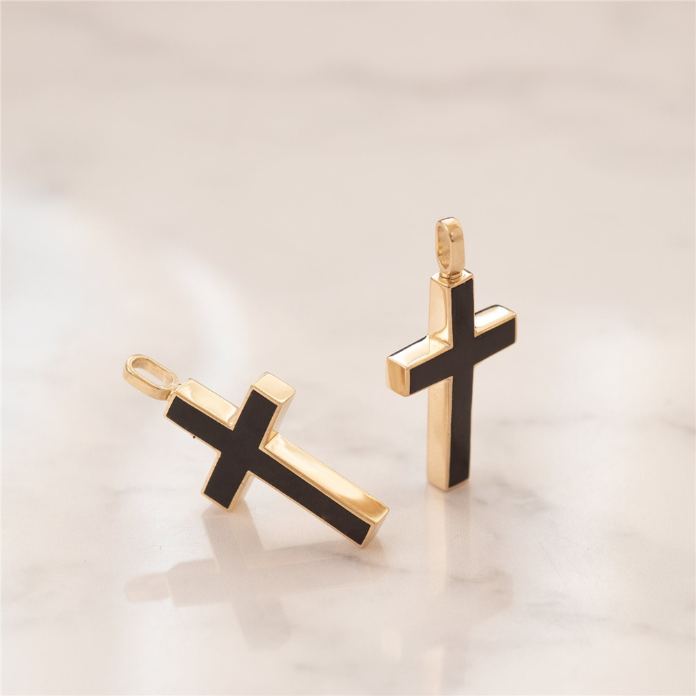 Goldstore-14K 18K Gold Custom Cross Cremation Urn Bar Necklace For Women Or Men, 2 Side Memorial Enamel Cross Necklace , Engrave Name Funeral Necklace