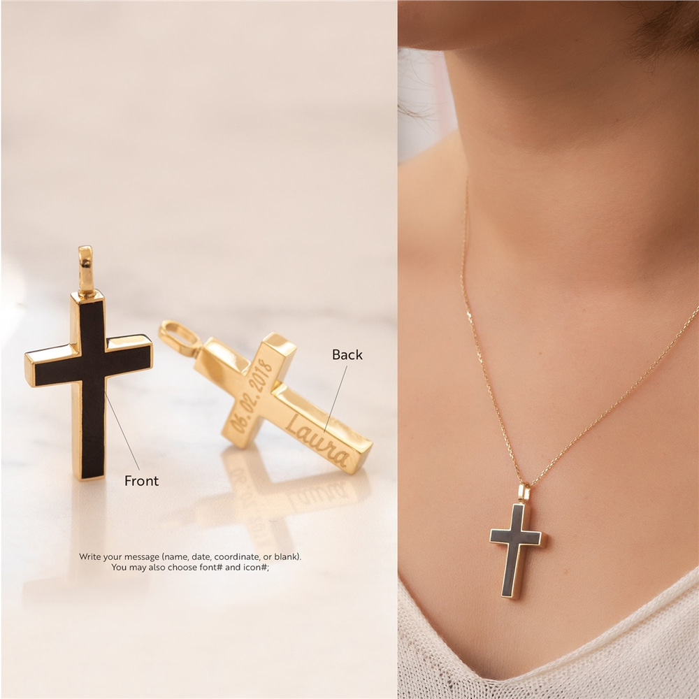 Goldstore-14K 18K Gold Custom Cross Cremation Urn Bar Necklace For Women Or Men, 2 Side Memorial Enamel Cross Necklace , Engrave Name Funeral Necklace