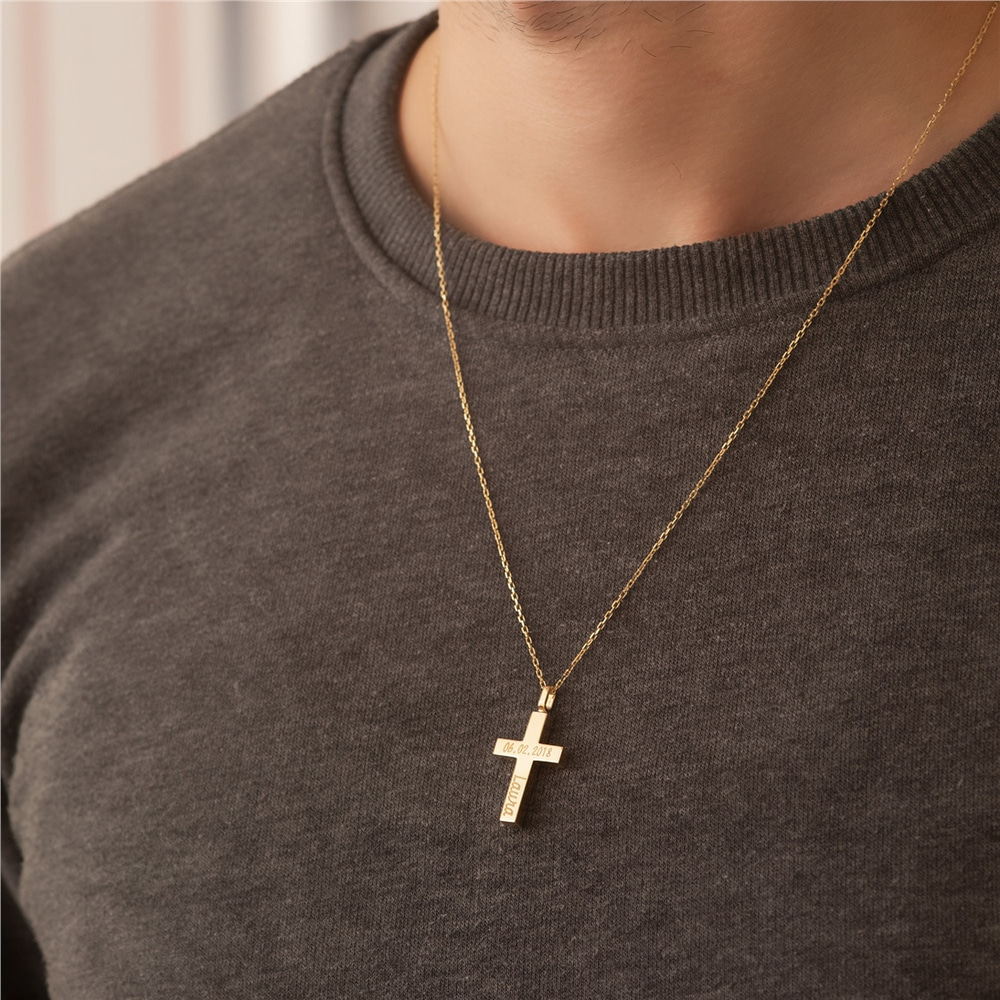 Goldstore-14K 18K Gold Custom Cross Cremation Urn Bar Necklace For Women Or Men, 2 Side Memorial Enamel Cross Necklace , Engrave Name Funeral Necklace