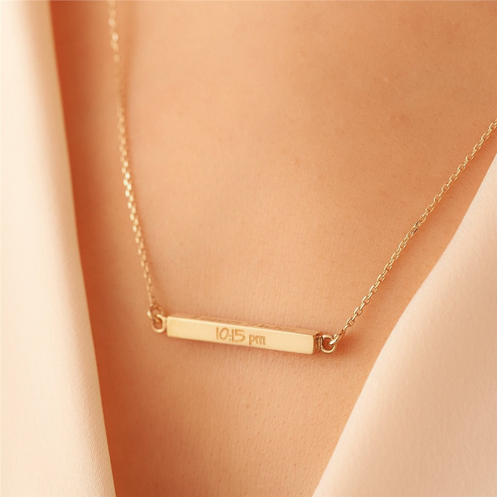 Goldstore-14K 18K Gold Custom Horizontal Cremation Urn Bar Necklace, 4 Side Engraved Memorial Necklace, Engrave Name Date Coordinate Funeral Necklace