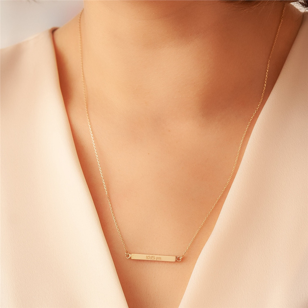 Goldstore-14K 18K Gold Custom Horizontal Cremation Urn Bar Necklace, 4 Side Engraved Memorial Necklace, Engrave Name Date Coordinate Funeral Necklace