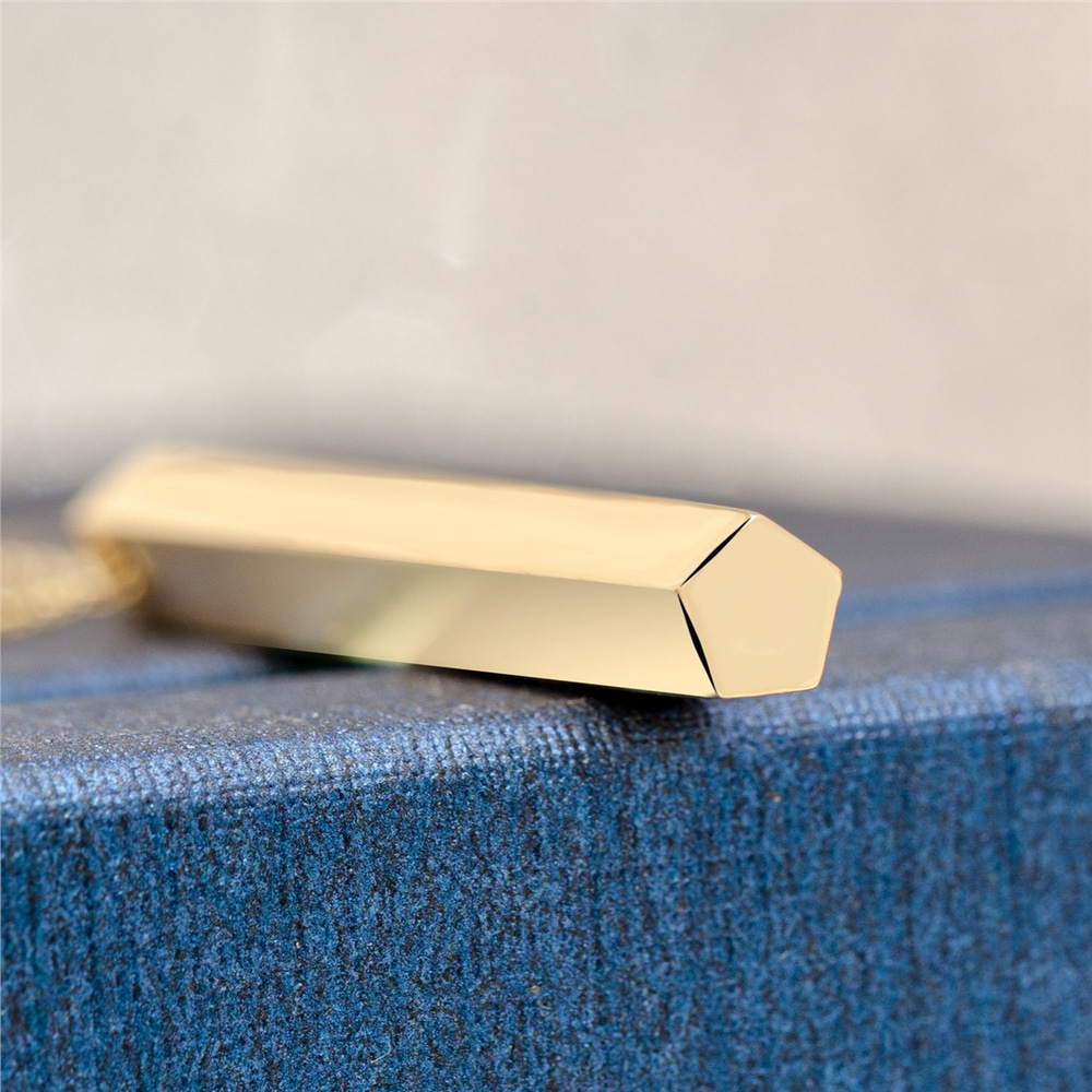 Goldstore-14k 18k Gold Custom Pentagon Bar Necklace, 5 Sided Personalized Necklace, 3D Pentagon Gold Bar Necklace, Engrave Name Vertical Bar Necklace