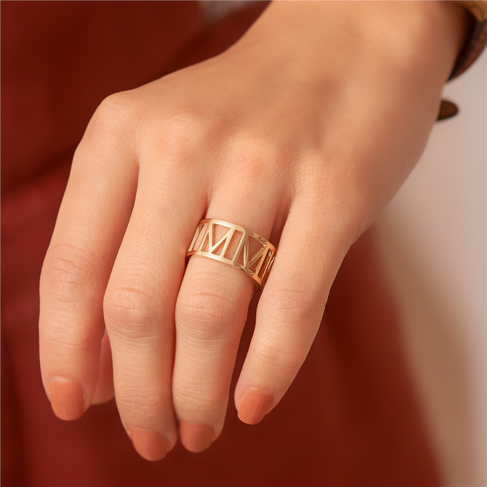 Goldstore-14k 18k Gold Custom Roman Numerals Ring, Personalize Wedding Date Band Ring, Custom Class Graduation Gift Ring, Solid Gold Anniversary Gift
