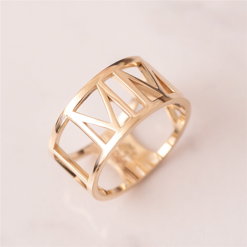 Goldstore-14k 18k Gold Custom Roman Numerals Ring, Personalize Wedding Date Band Ring, Custom Class Graduation Gift Ring, Solid Gold Anniversary Gift