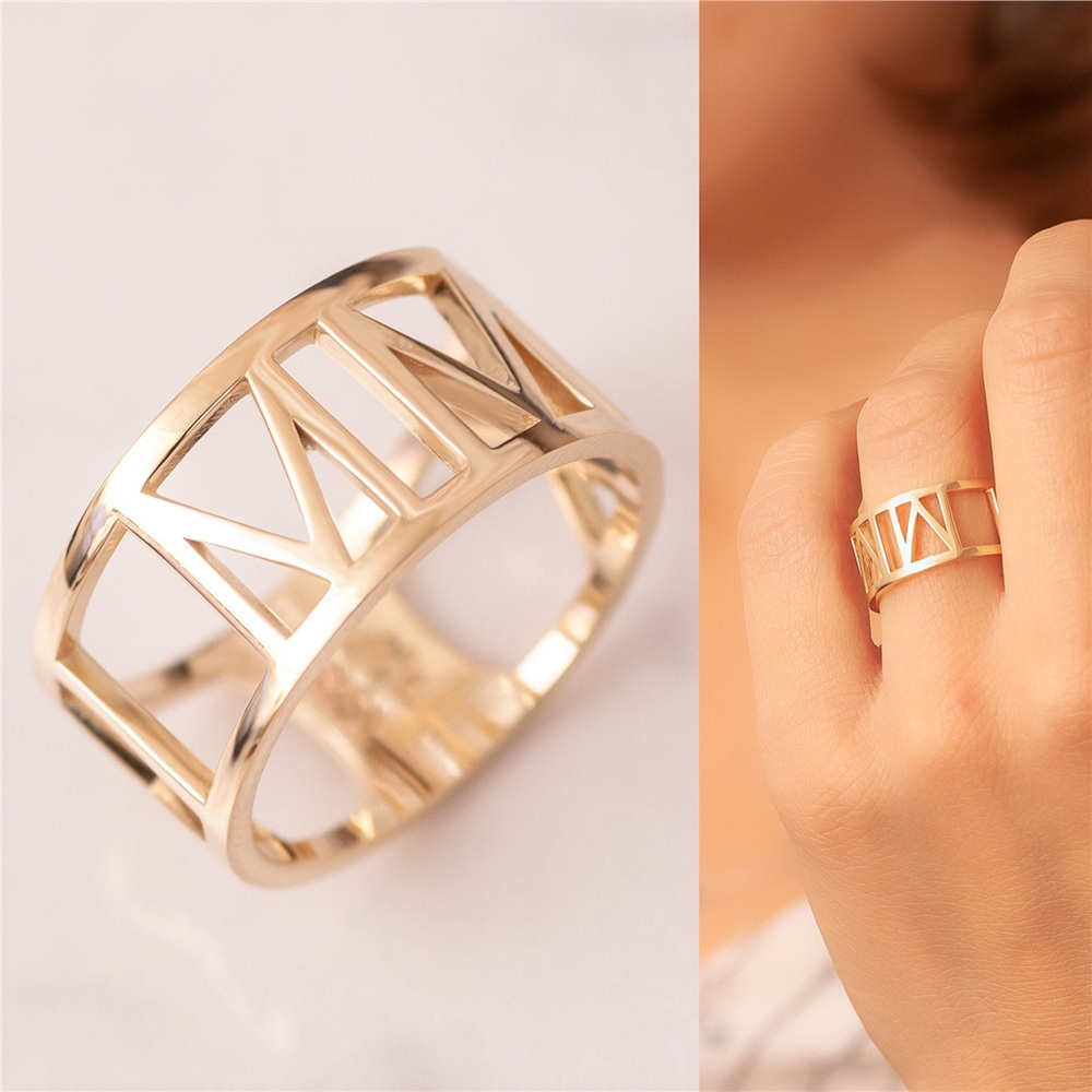 Goldstore-14k 18k Gold Custom Roman Numerals Ring, Personalize Wedding Date Band Ring, Custom Class Graduation Gift Ring, Solid Gold Anniversary Gift