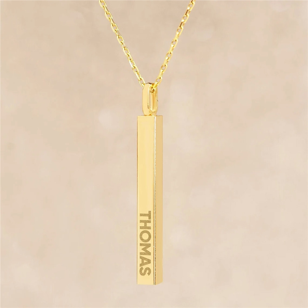 Goldstore-14K 18K Gold Custom Vertical Cremation Urn Bar Pendant, Four Side Engraved Memorial Necklace, Engrave Name Date Coordinate Funeral Pendant