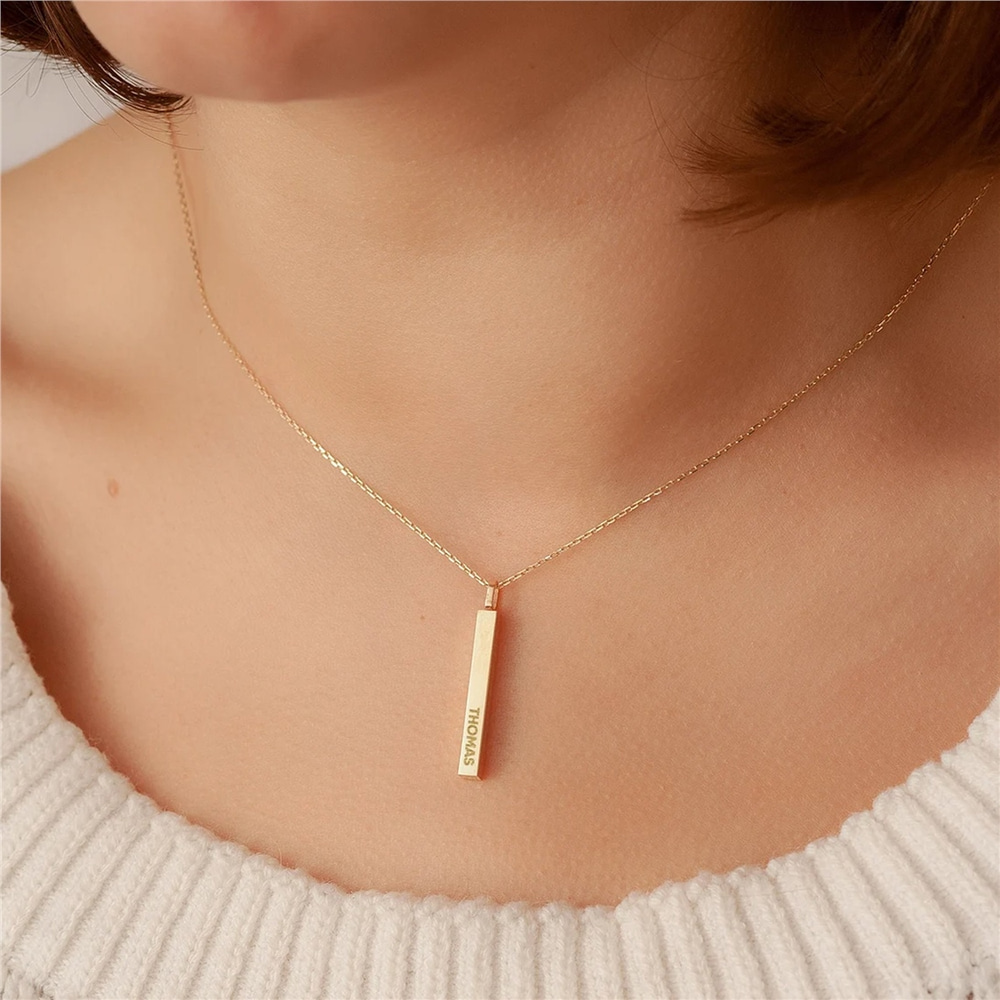 Goldstore-14K 18K Gold Custom Vertical Cremation Urn Bar Pendant, Four Side Engraved Memorial Necklace, Engrave Name Date Coordinate Funeral Pendant